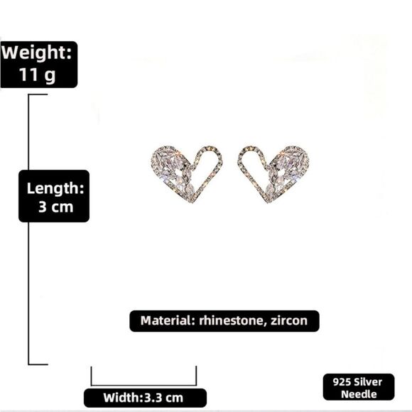 NEW 925 NEEDLE RHINESTONE HEART STUDS - Picture 7 of 12